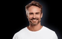 Portrait of a man aged 35-45 with brown hair and beard wearing a white t-shirt